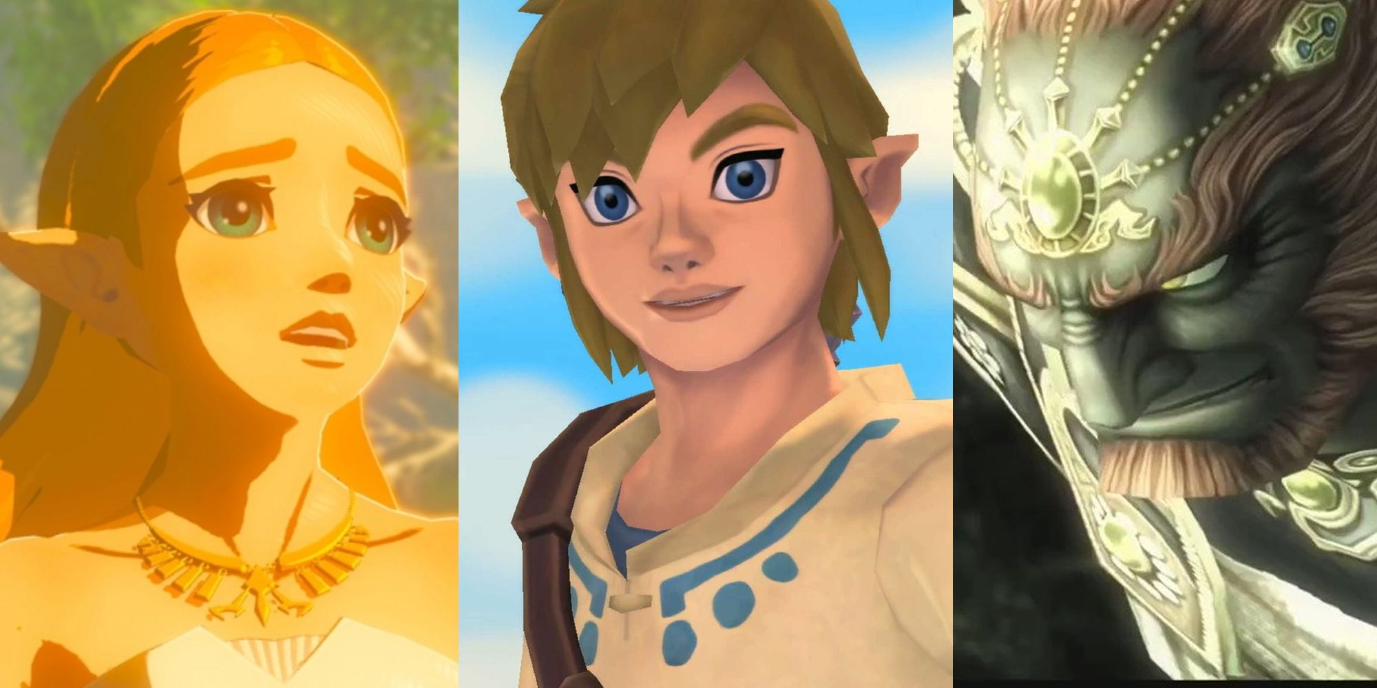 A concerned Zelda in BOTW; Link in casual clothes in Skyward Sword; Ganondorf restrained in Twilight Princess