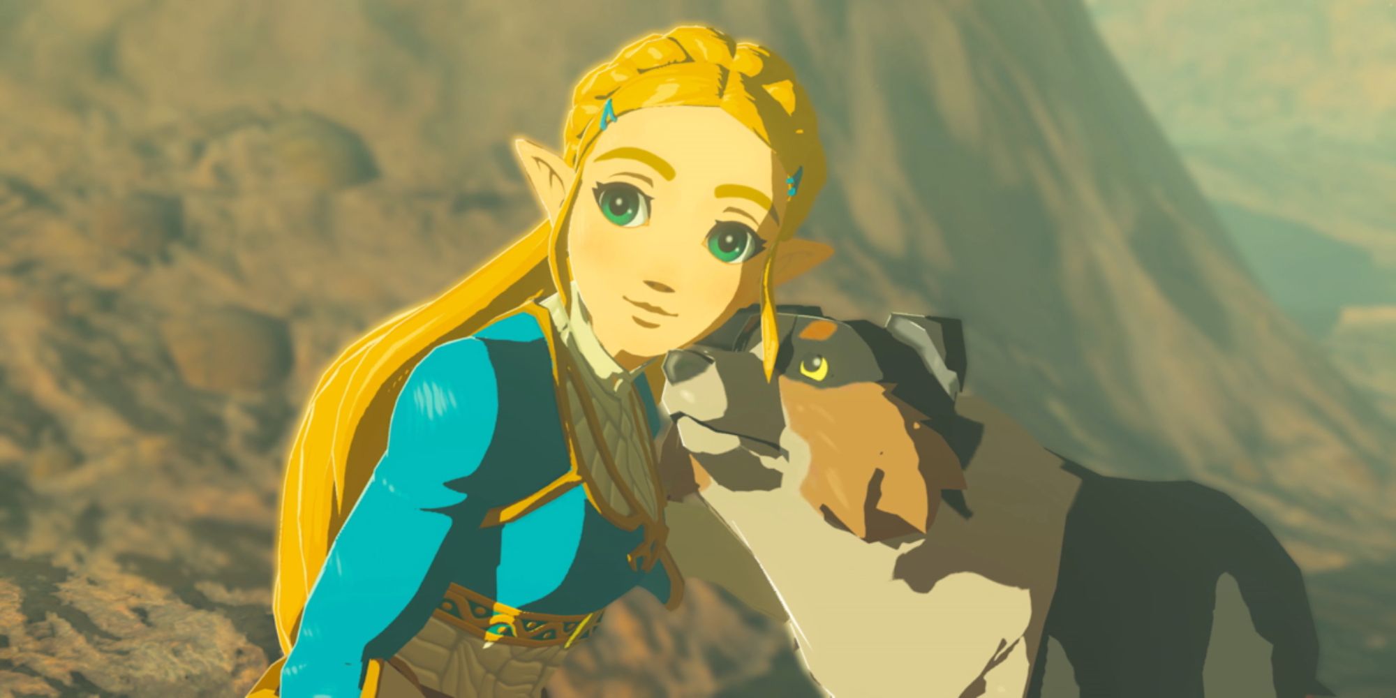 Zelda petting a dog in Breath of the Wild