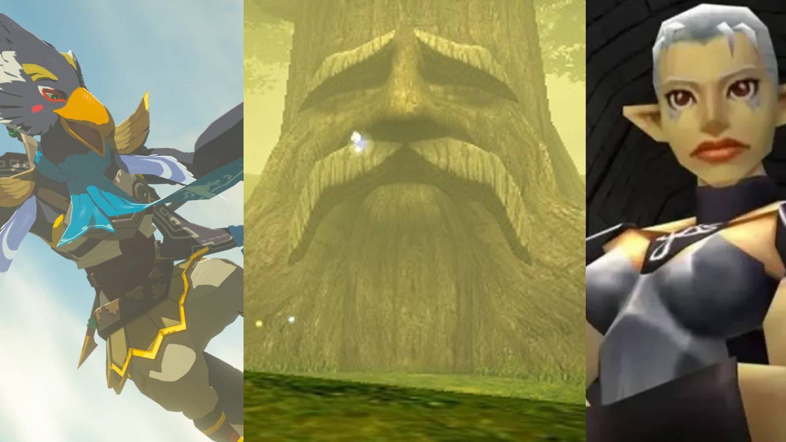 Revali flying in the sky; The Great Deku Tree; Impa standing guard