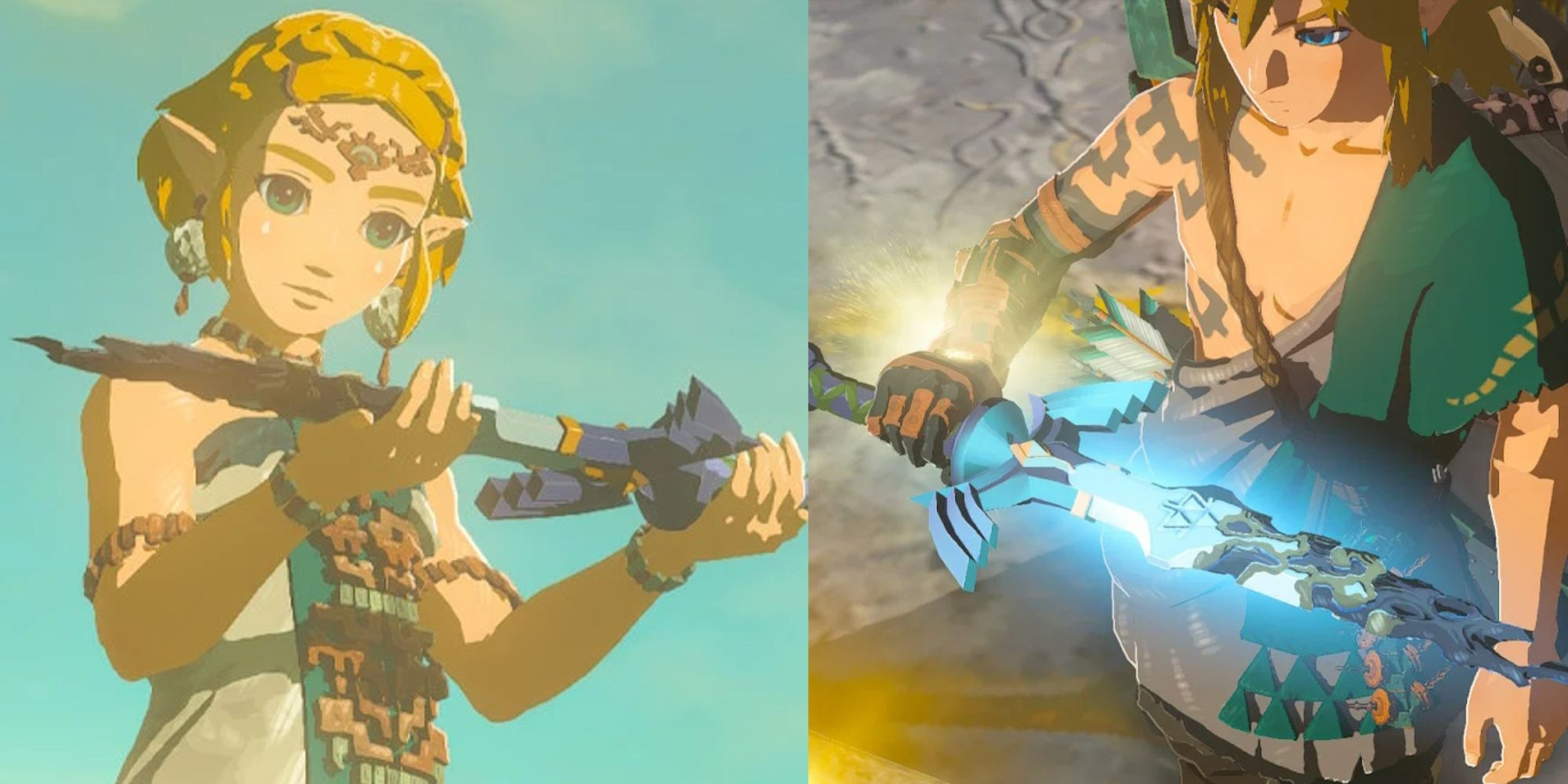 Zelda holds a broken master sword;  Link holds a broken master sword