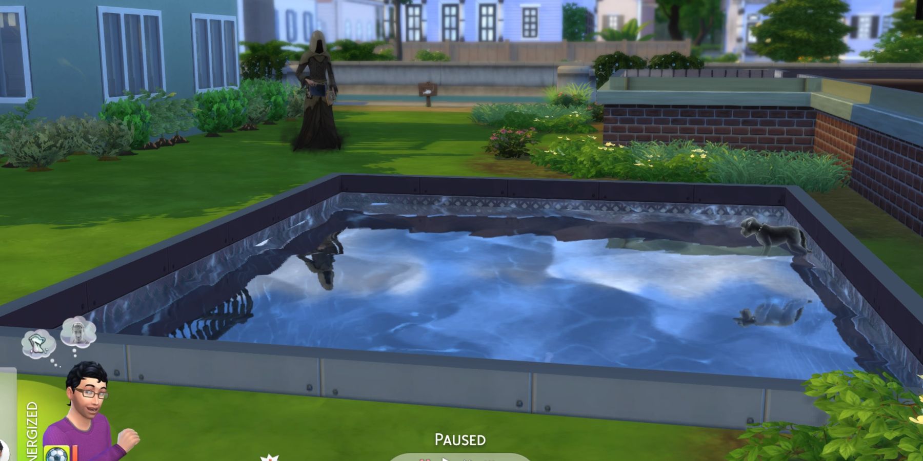 The Grim Reaper stands next to a pool in The Sims 4
