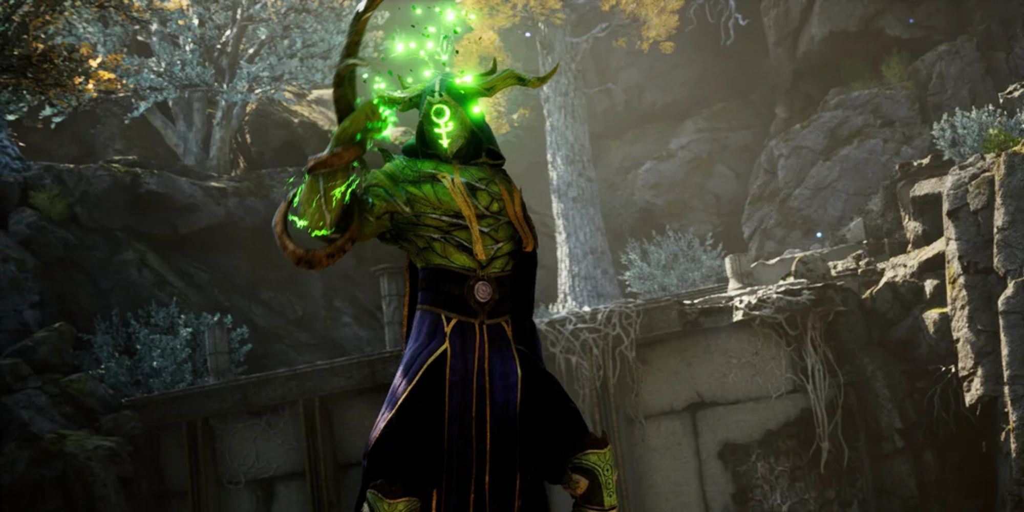 An adversary of Jak with armor and a helm with a glowing green rune from Immortals of Aveum