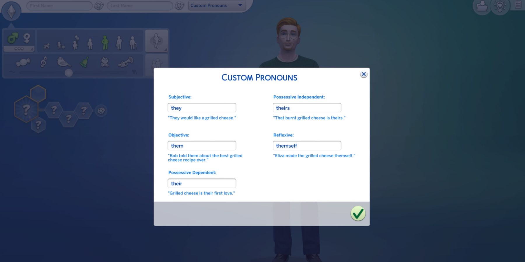 The Custom Pronouns menu in The Sims 4