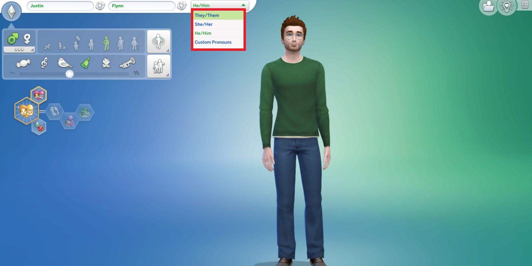 The pronouns dropdown menu in The Sims 4