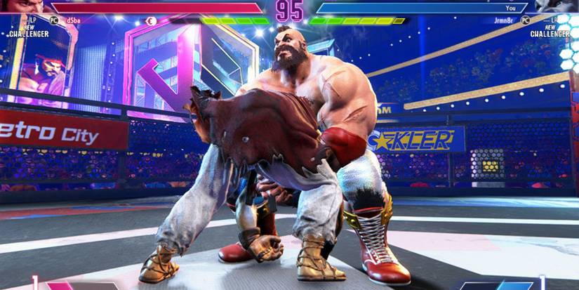 Zangief executing a Screw Piledriver on Ryu