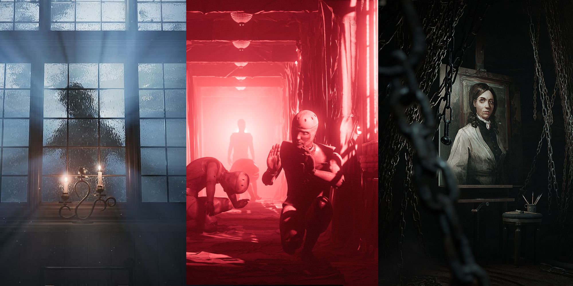 Split image: a beast looking at the player through a rain-blurred window, a red corridor filled with mannequins, the painting of the wife in a room full of chains. 