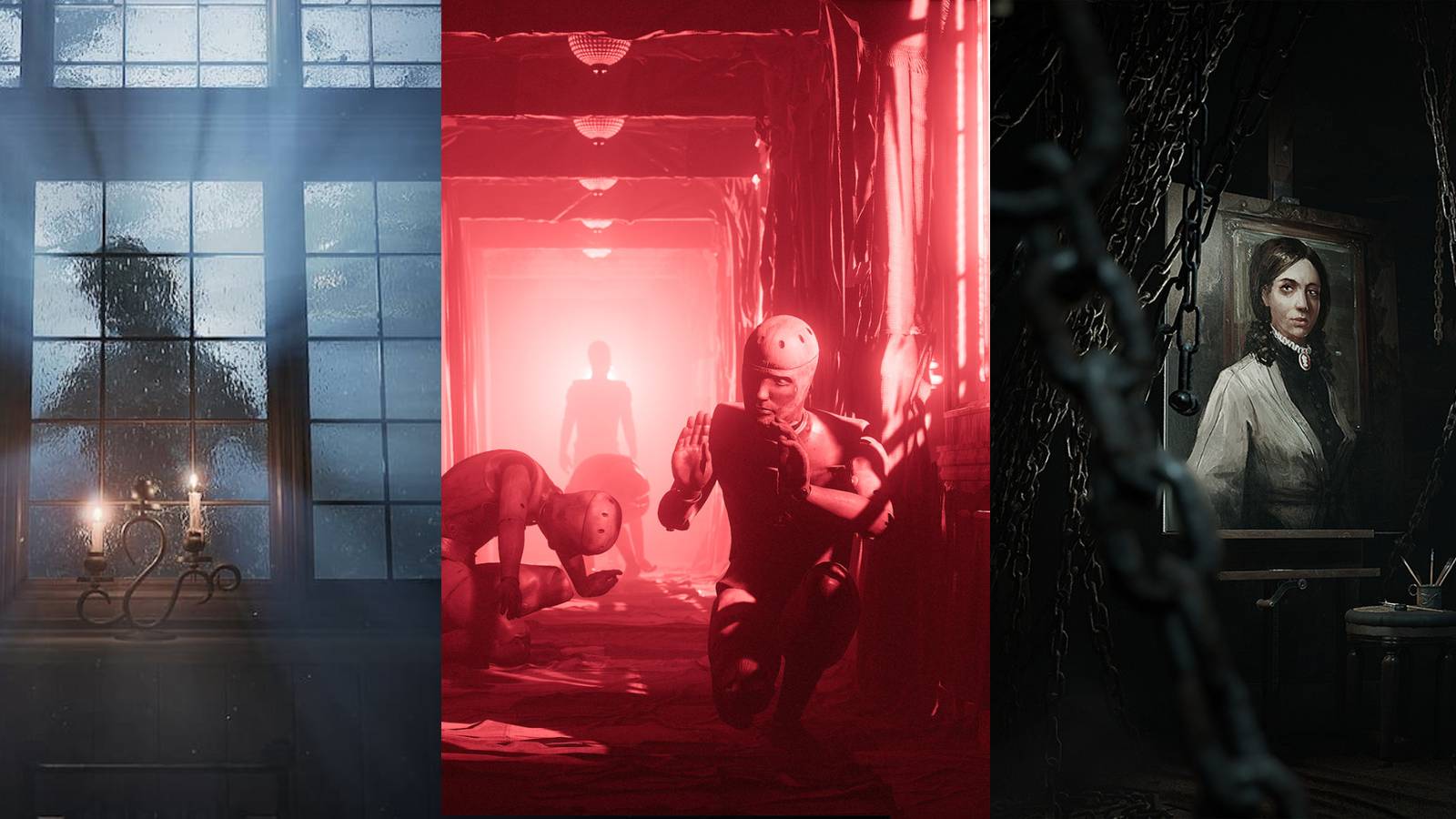 Split image: a beast looking at the player through a rain-blurred window, a red corridor filled with mannequins, the painting of the wife in a room full of chains. 