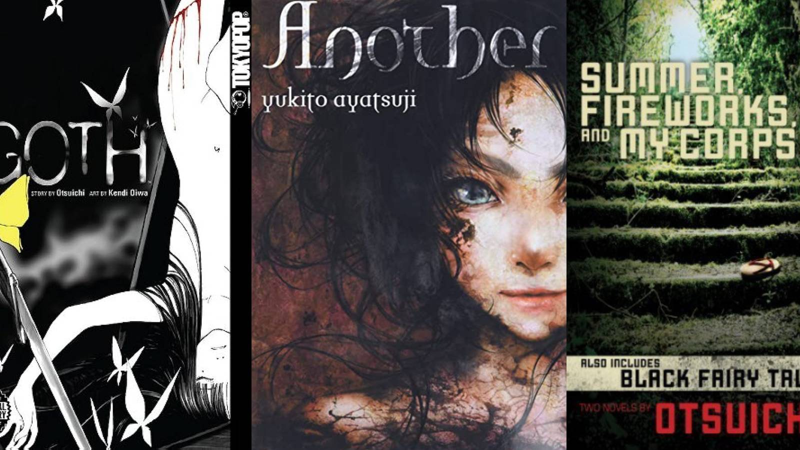Split image featuring three covers of horror light novels: Goth, Another and Summer, Fireworks and My Corpse. 