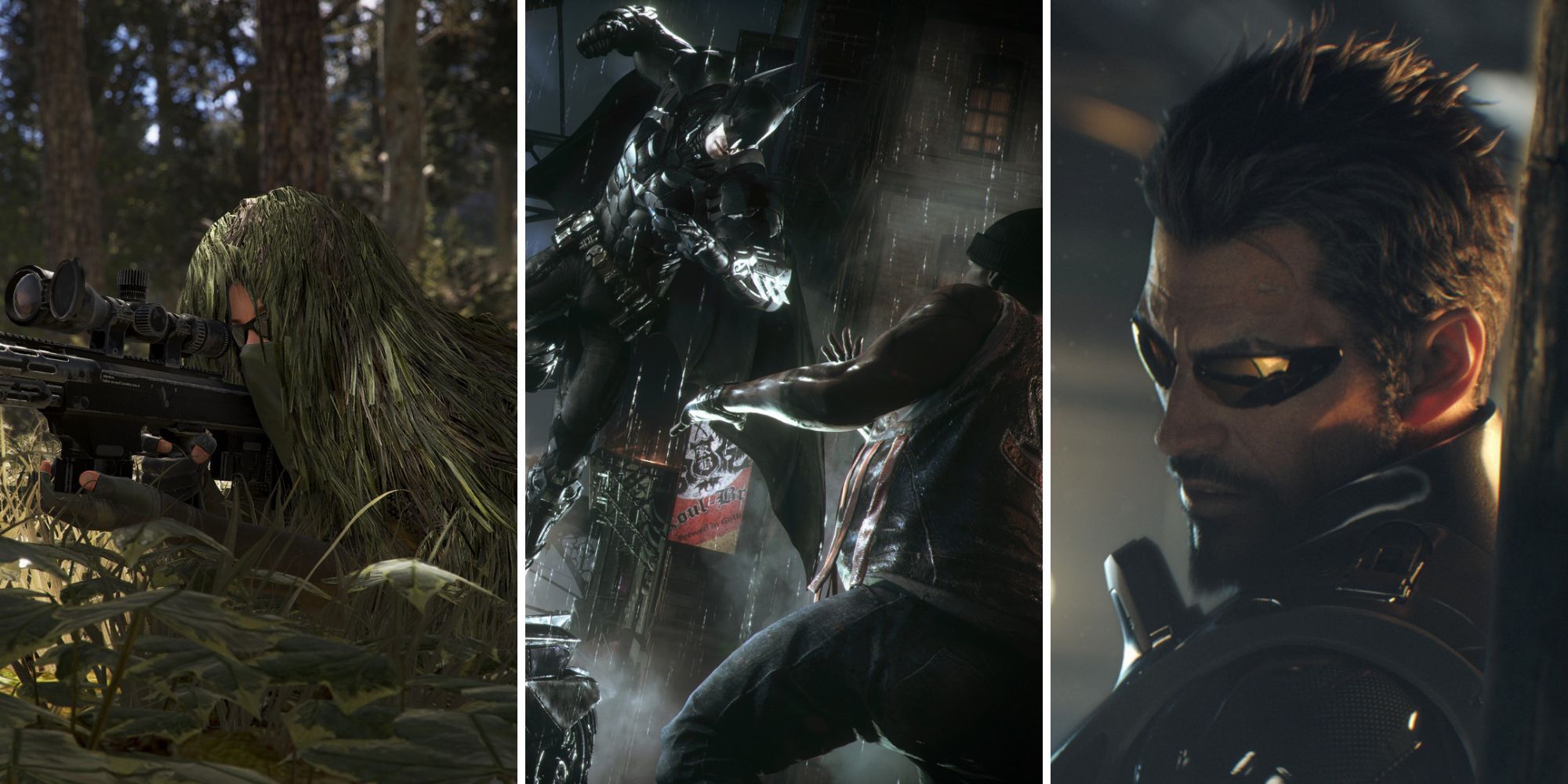 A grid of open-world stealth games showing Tom Clancy's Ghost Recon Wildlands, Batman: Arkham Knight, and Dues Ex: Humans Divided
