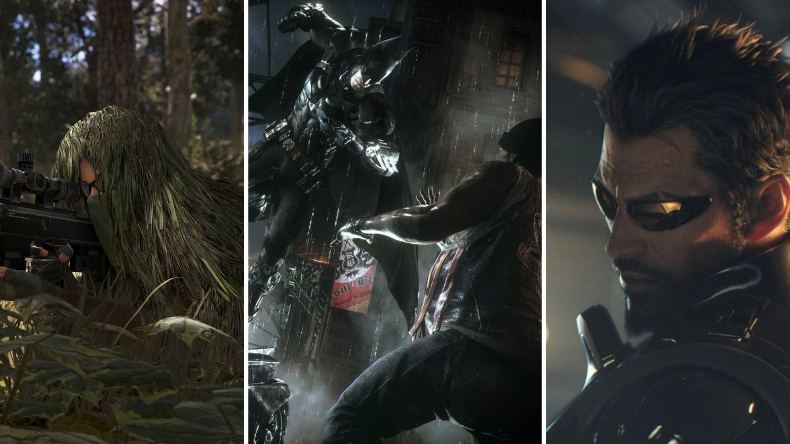 A grid of open-world stealth games showing Tom Clancy's Ghost Recon Wildlands, Batman: Arkham Knight, and Dues Ex: Humans Divided
