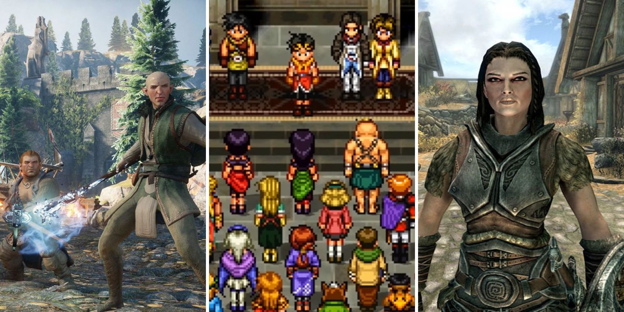 A grid showing companions from the games Dragon Age: Inquisition, Suikoden, and Skyrim