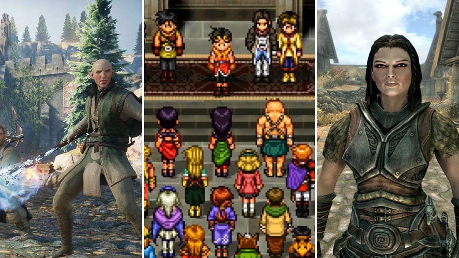 A grid showing companions from the games Dragon Age: Inquisition, Suikoden, and Skyrim