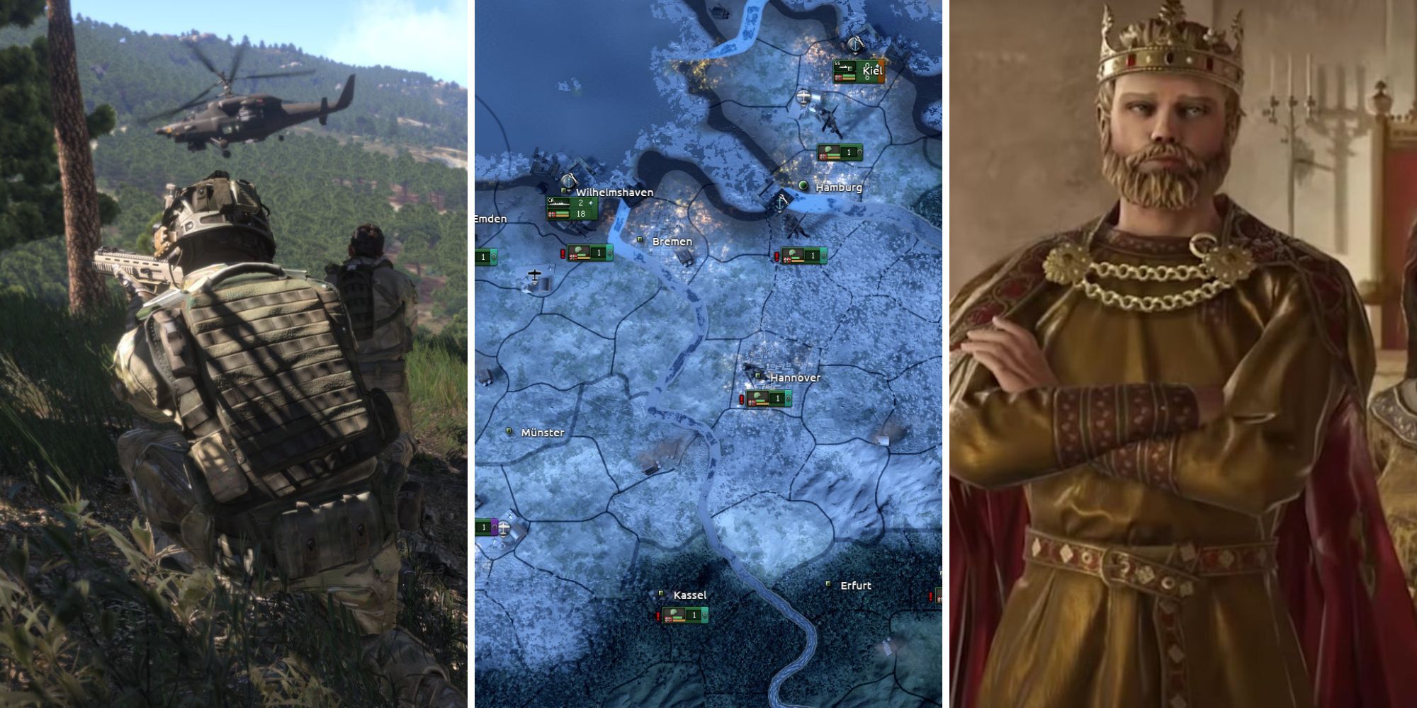A grid showing the multiplayer games Arma 3, Hearts of Iron 4, and Crusader Kings 3