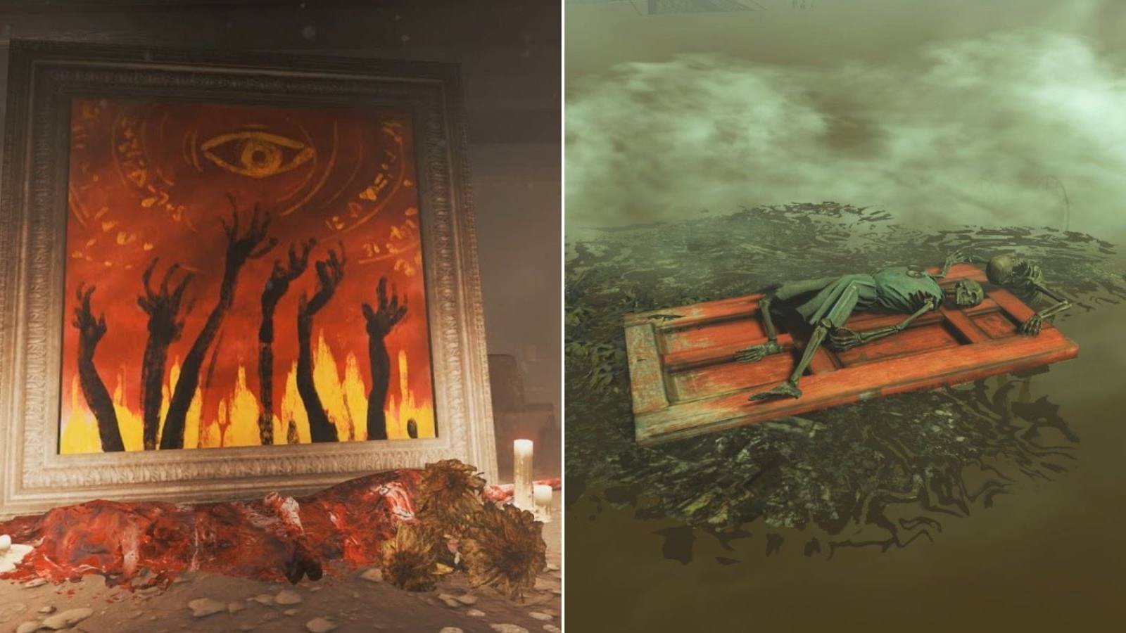 A painting from Pickman's Gallery and two skeletons on a door