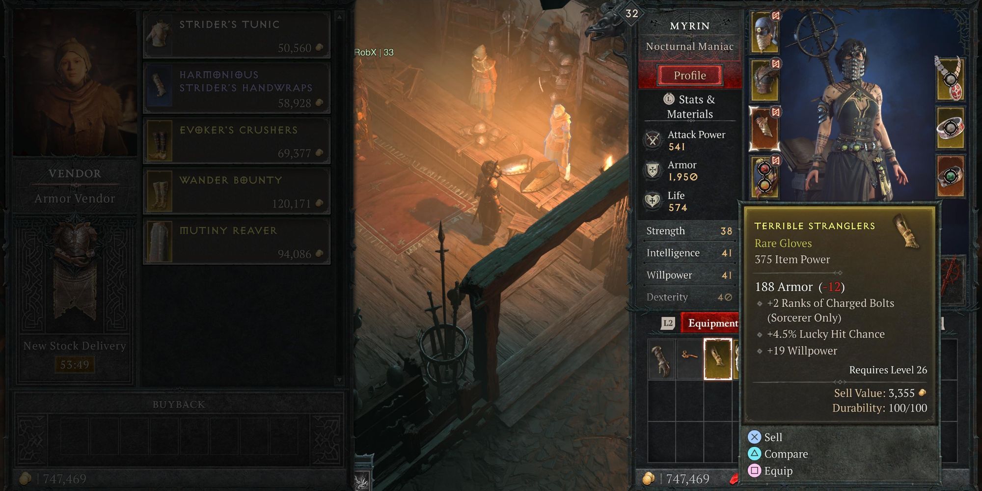 A player selling a pair of gloves in Diablo 4
