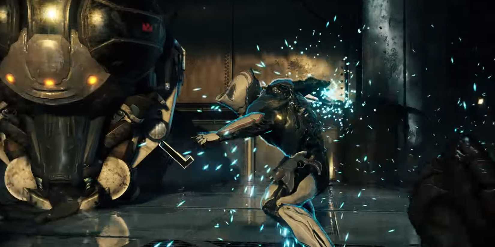 A Warframe fighting opponents