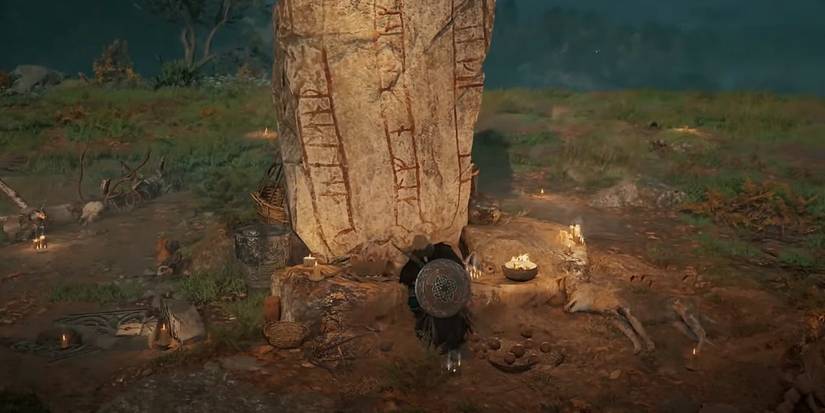 AC Valhalla Elisdon Altar Eivor kneeling at altar in dark field