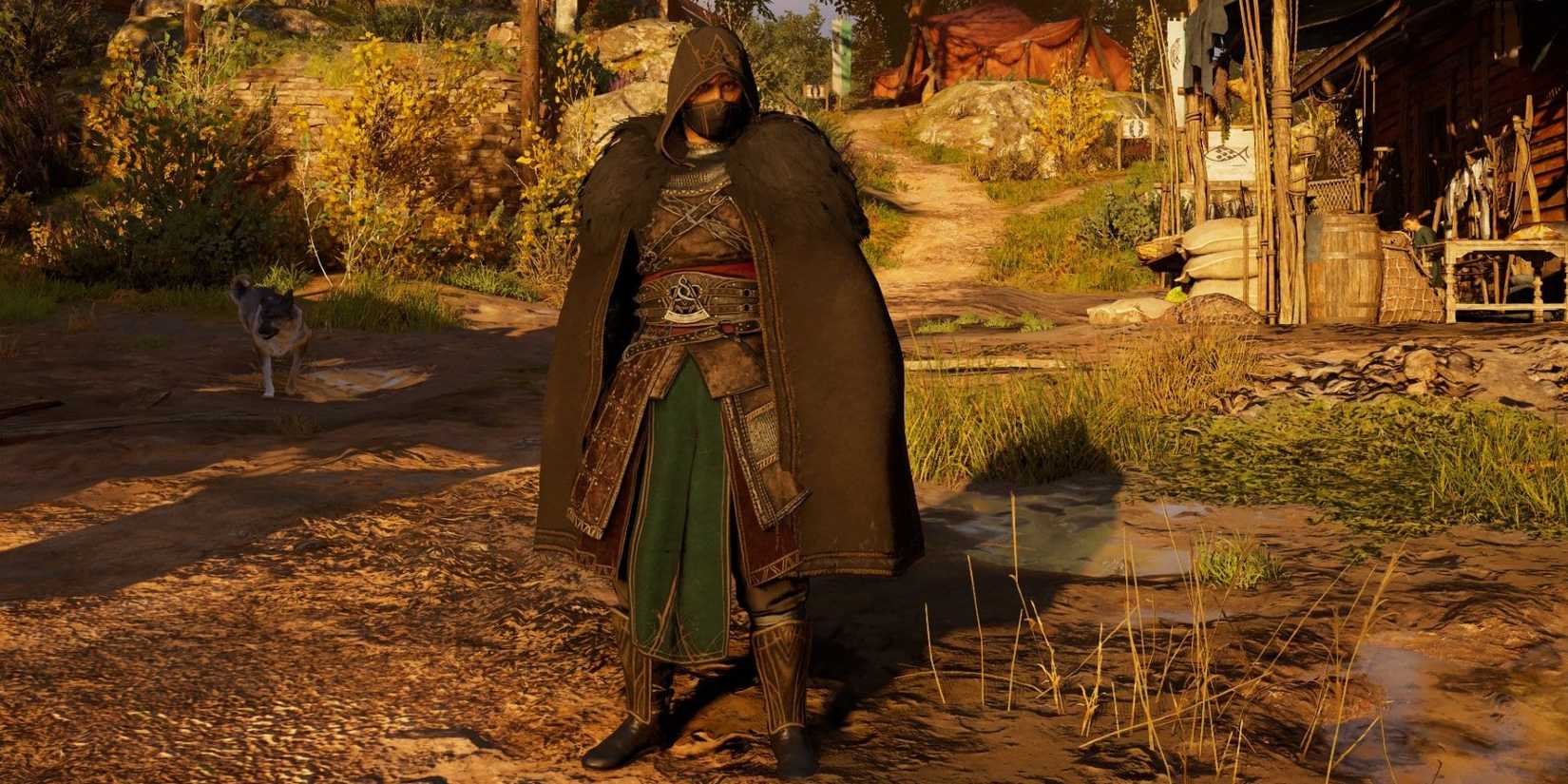 AC Valhalla Magister's Armor Set on Eivor standing in Ravensthorpe