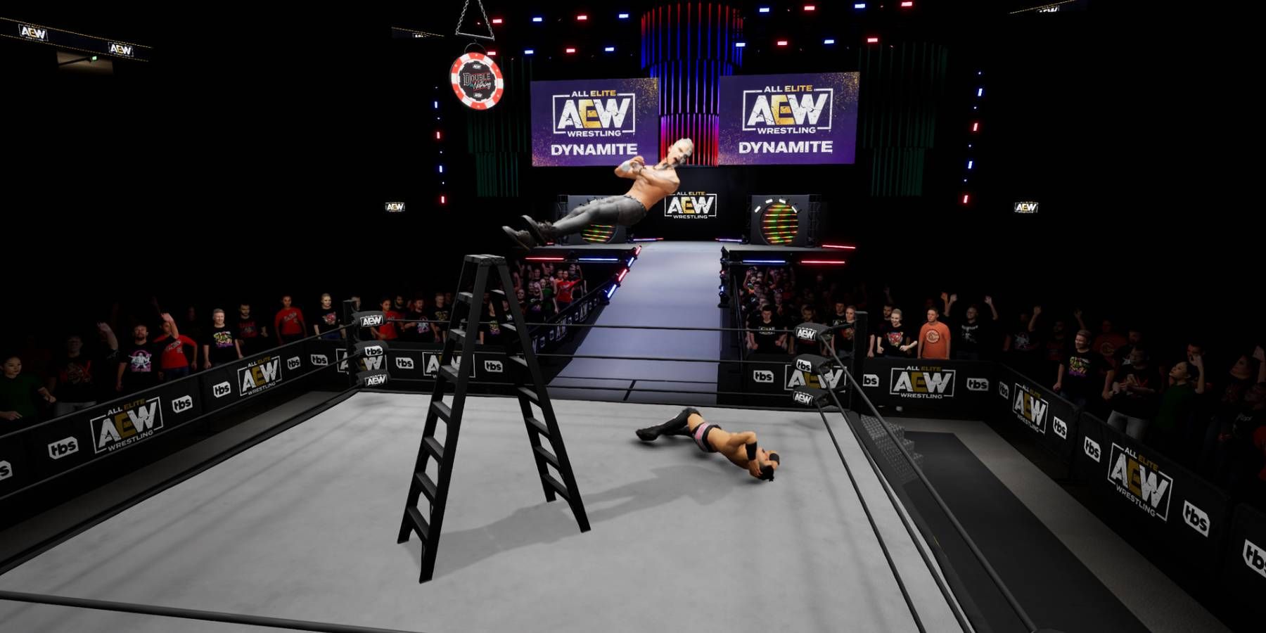 Darby Allin performing a Coffin Drop on Sammy Guevara in AEW: Fight Forever