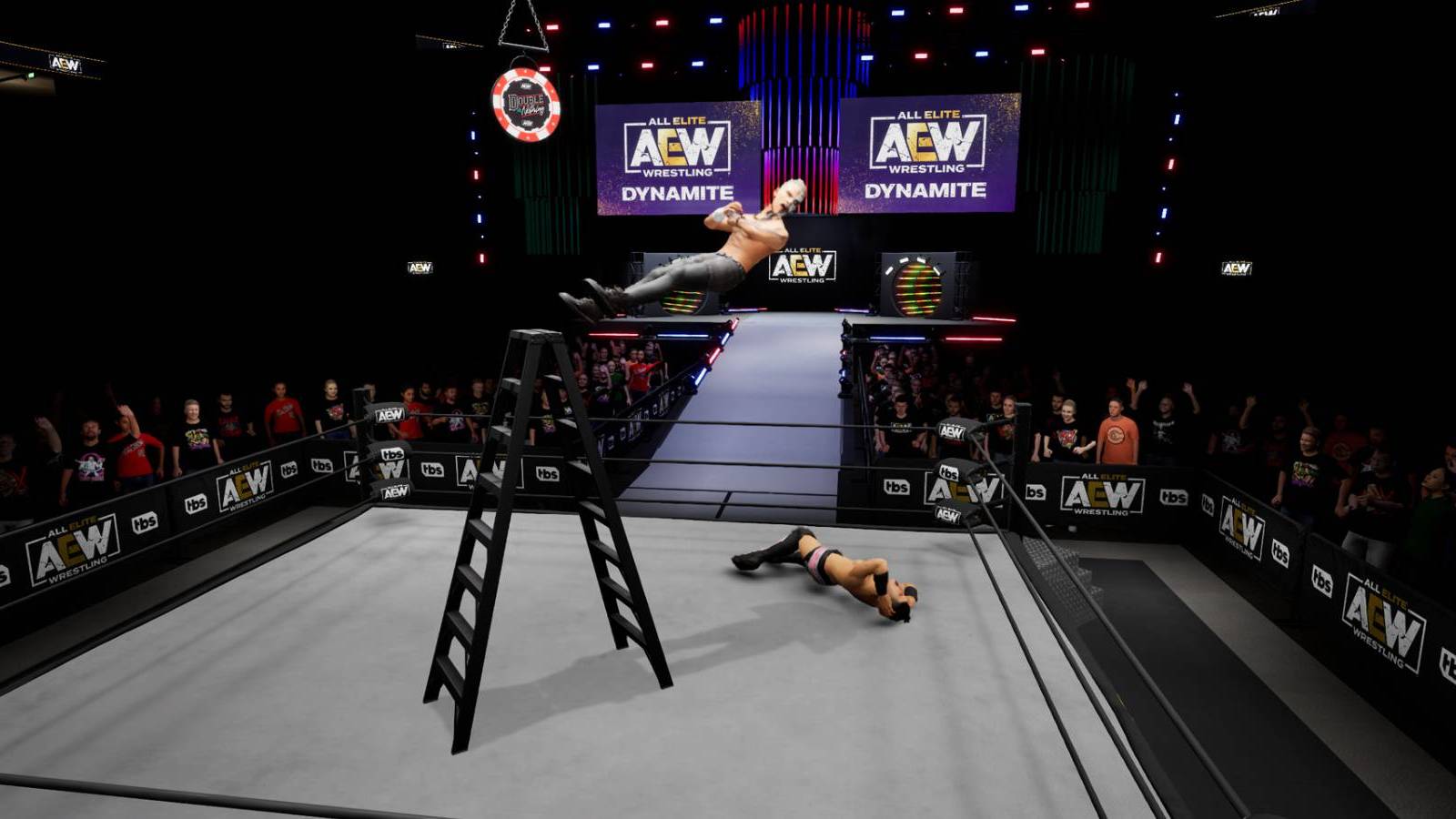 Darby Allin performing a Coffin Drop on Sammy Guevara in AEW: Fight Forever