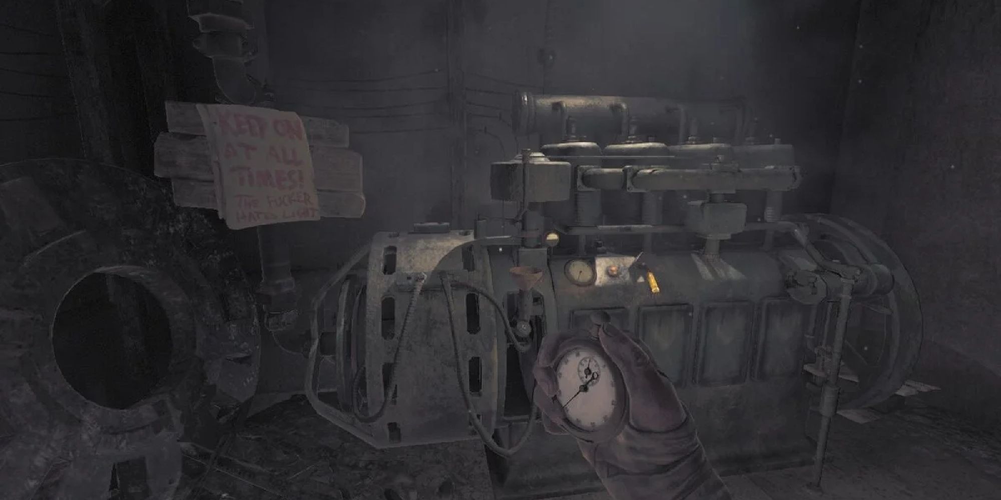 Henri standing at the generator, a watchclock in his hand. 