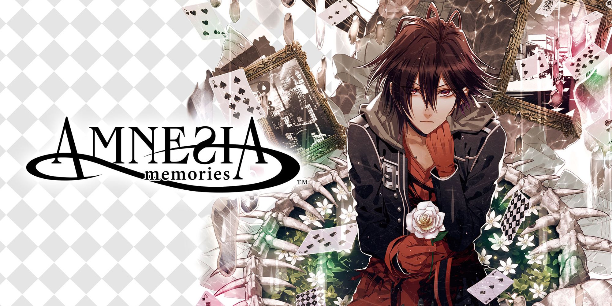 Title screen art for Amnesia memories, showing a dark haired boy in black and red clothing, holding a white rose. 