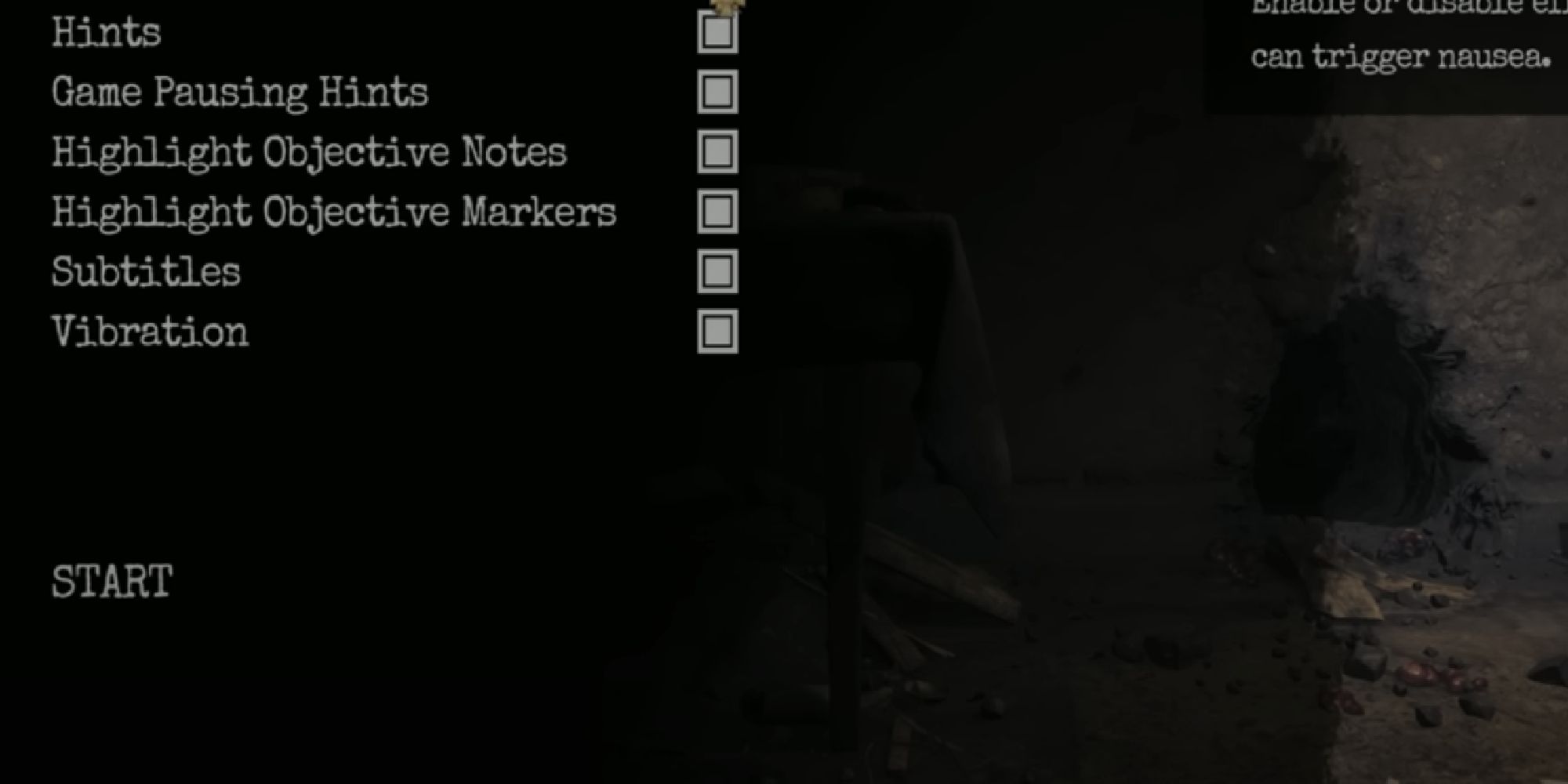 Options menu screen of Amnesia, which offers hints. 