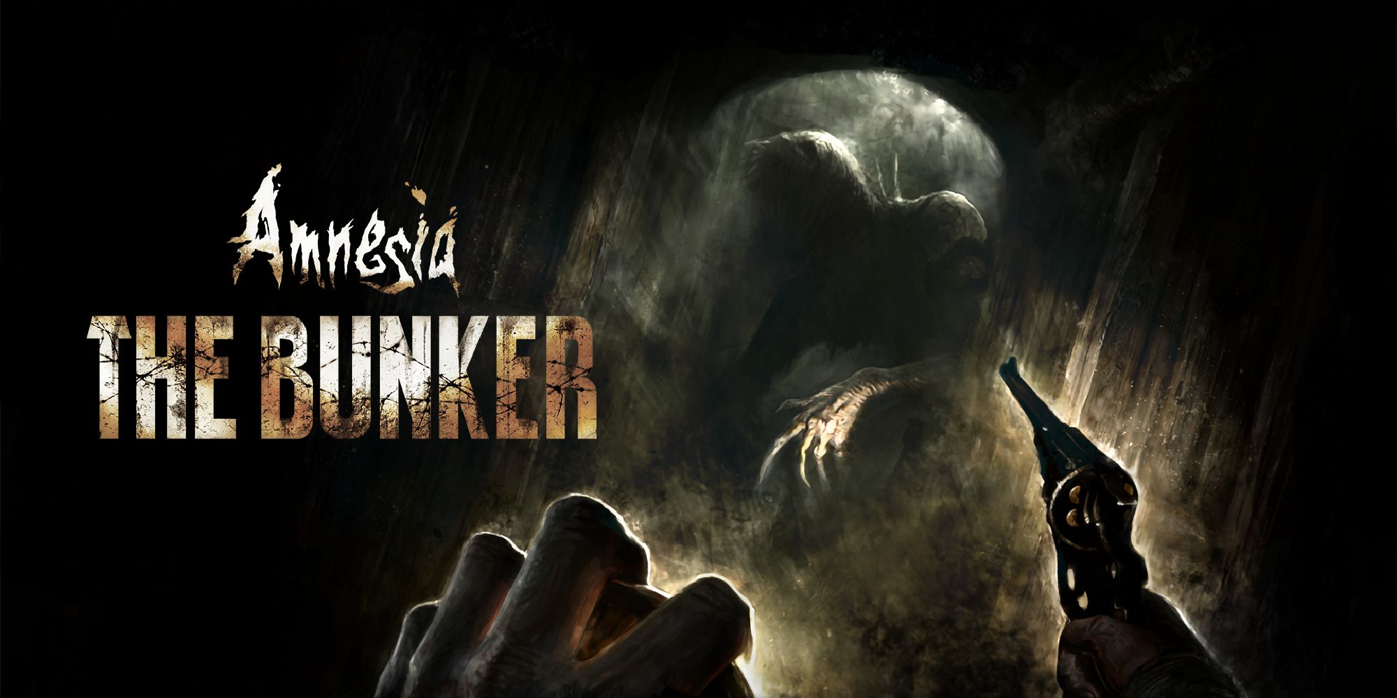 Thumbnail for the game amnesia the bunkerm showing a monster lurching from the dark, two hands holding a gun and light source. 