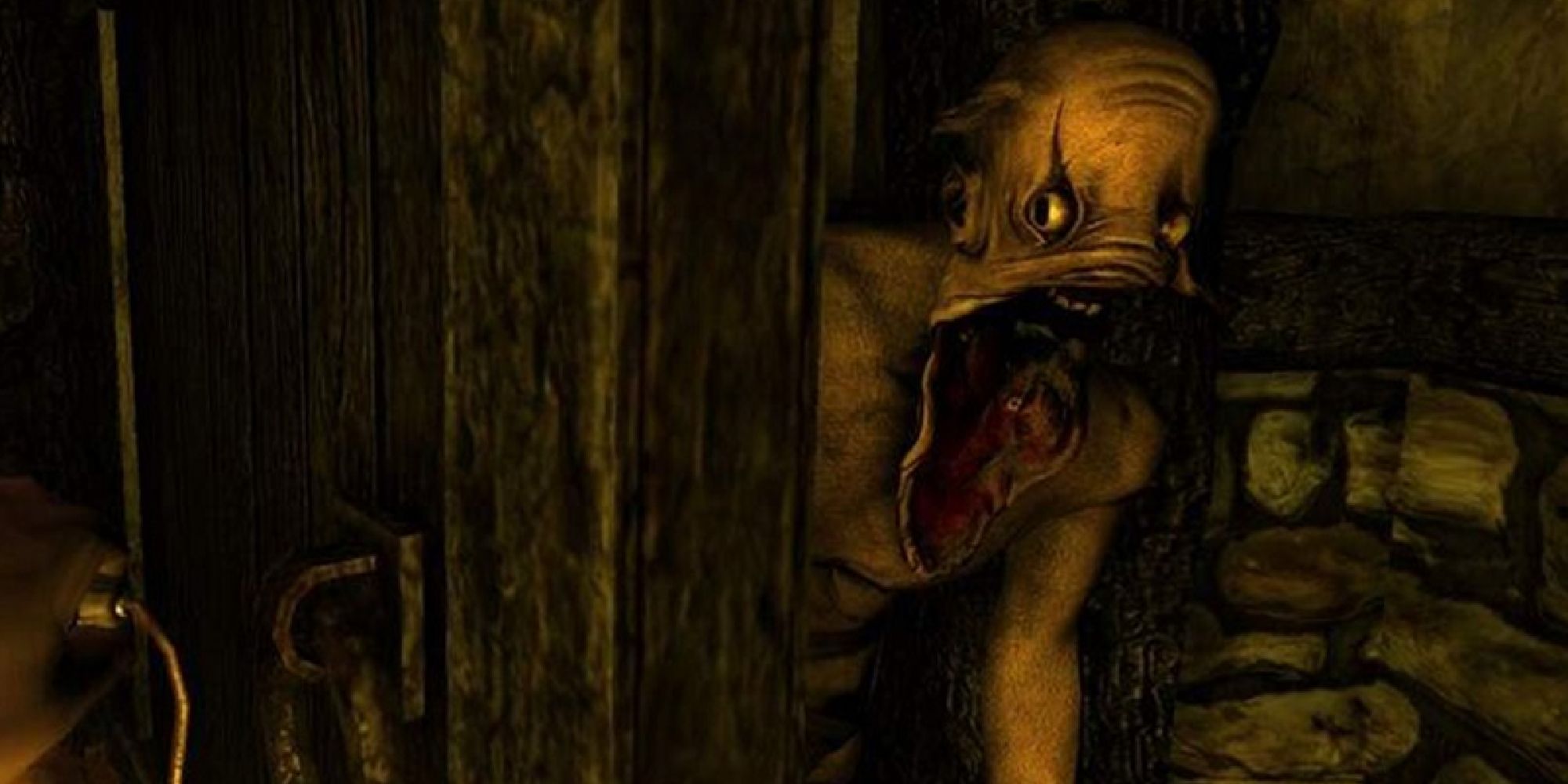 A grunt peering around an open door towards the player.