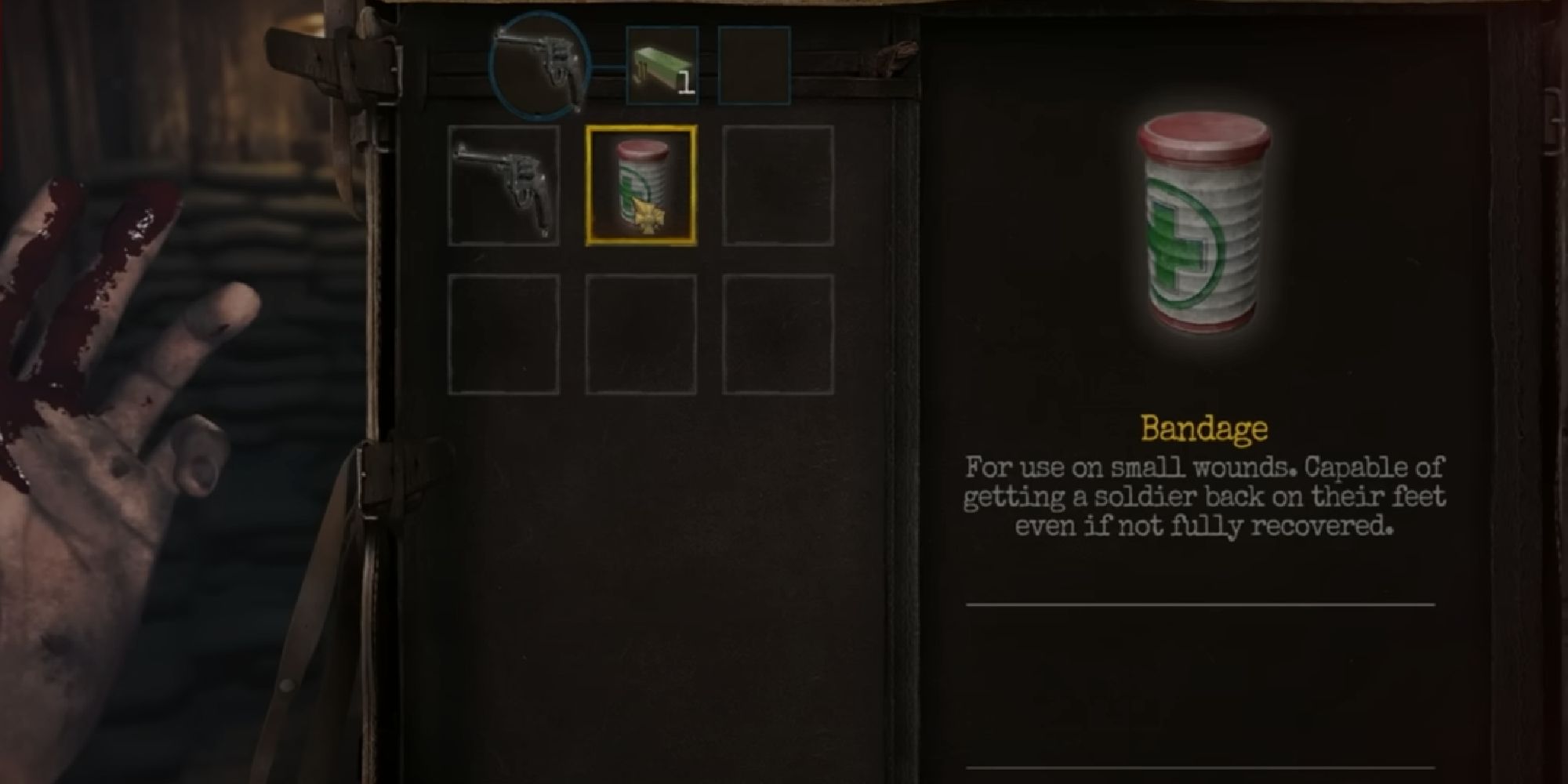 Inventory menu showing the crafted bandages used to treat injuries. 