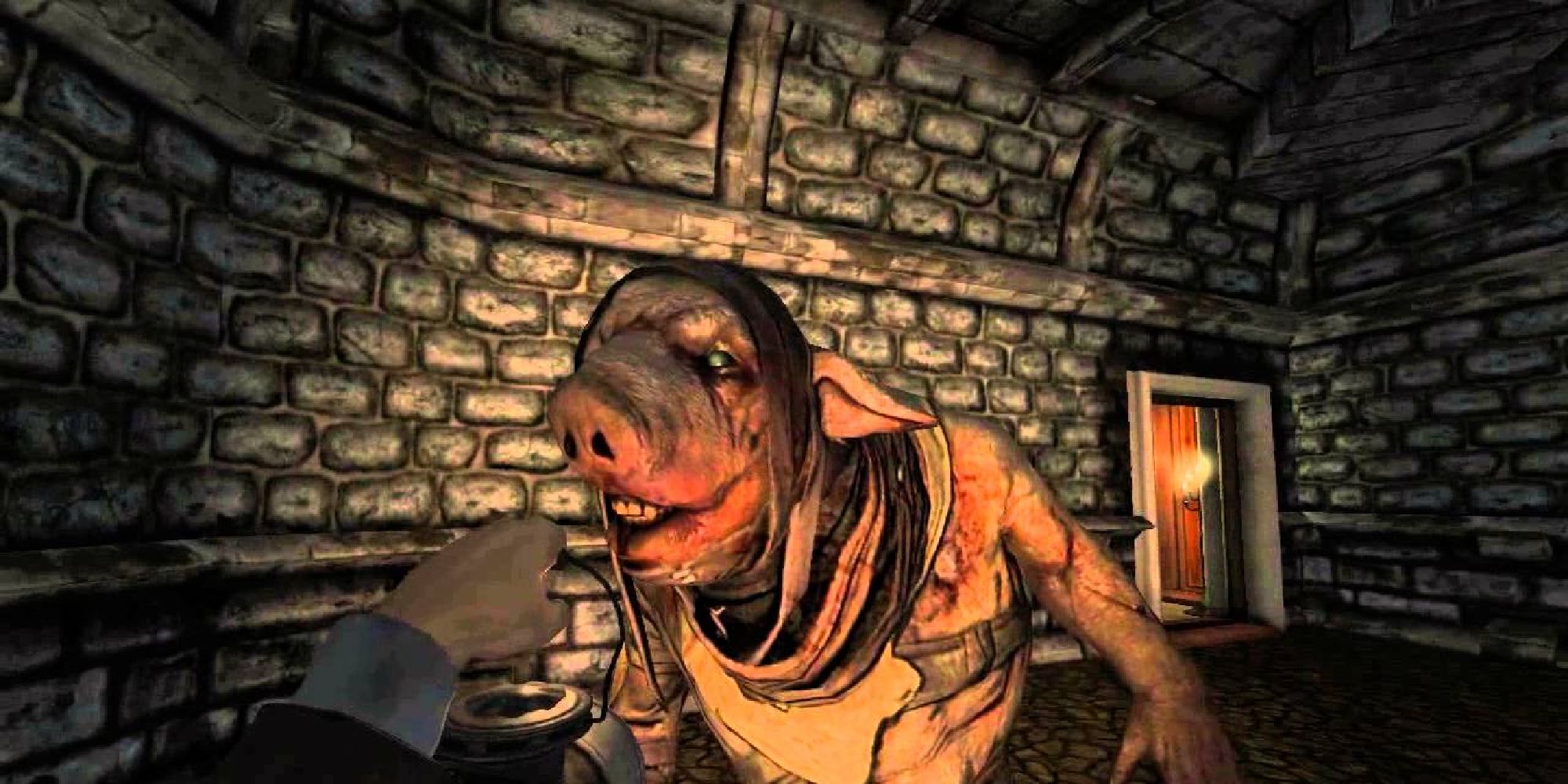 The player holds up a lantern, illuminating the stone corridor and the pig monster they have come face to face with. 
