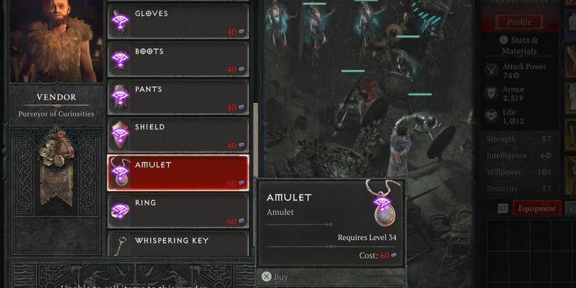 A player purchasing a Amulet from the Purveyor of Curiosities in Diablo 4 