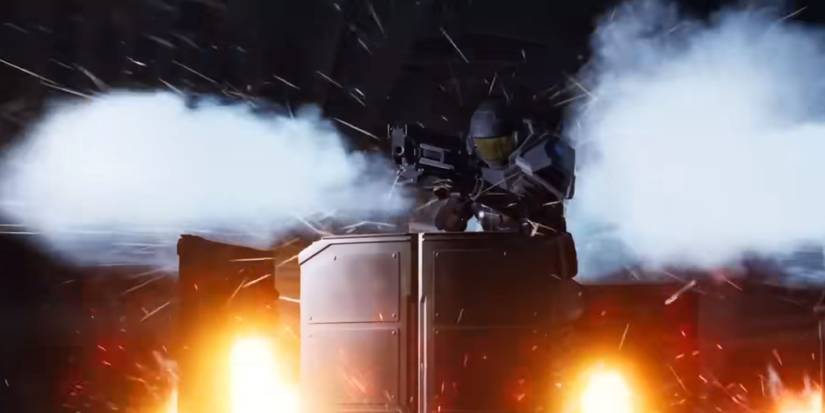 An armored Bastion behind cover