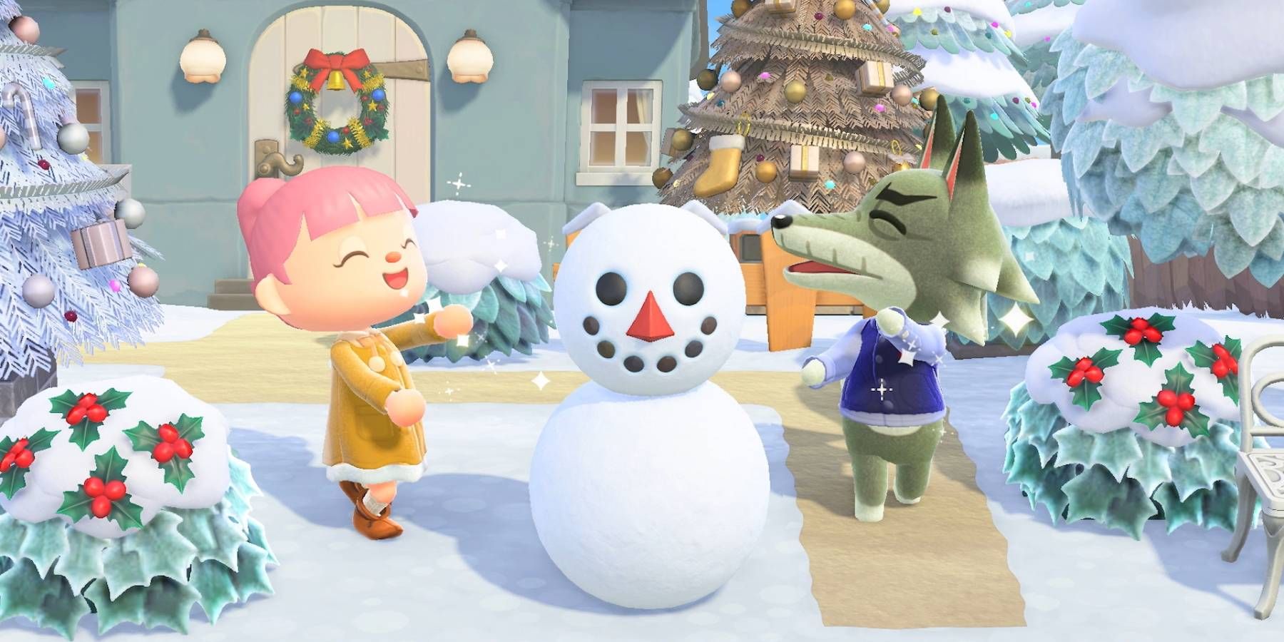 A player and villager with a snowman in Animal Crossing: New Horizons