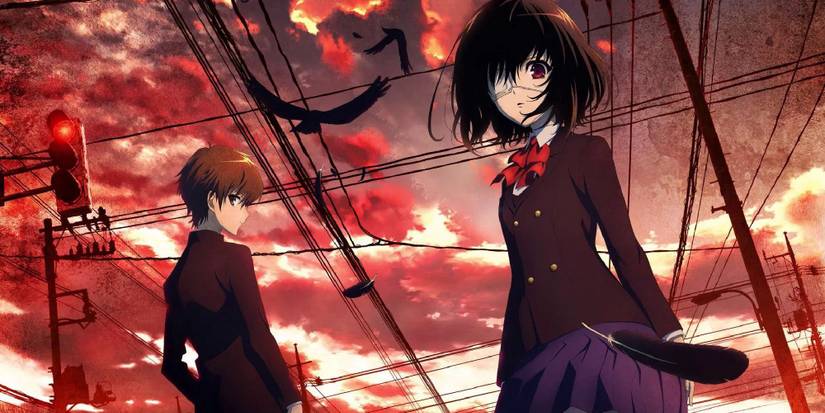 Cover art of Another. Two school kids look at the camera, a red/orange sky in the background. 