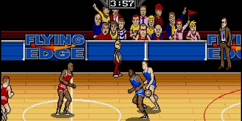 Arch Rivals basketball flying edge sign on court