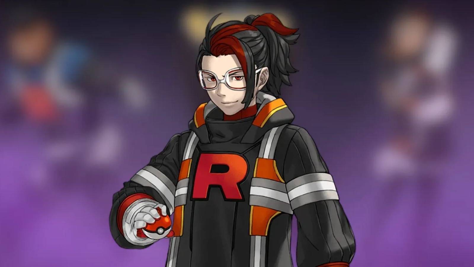 Team Rocket leader Arlo stands with a Pokeball in his hand, smiling self-assuredly