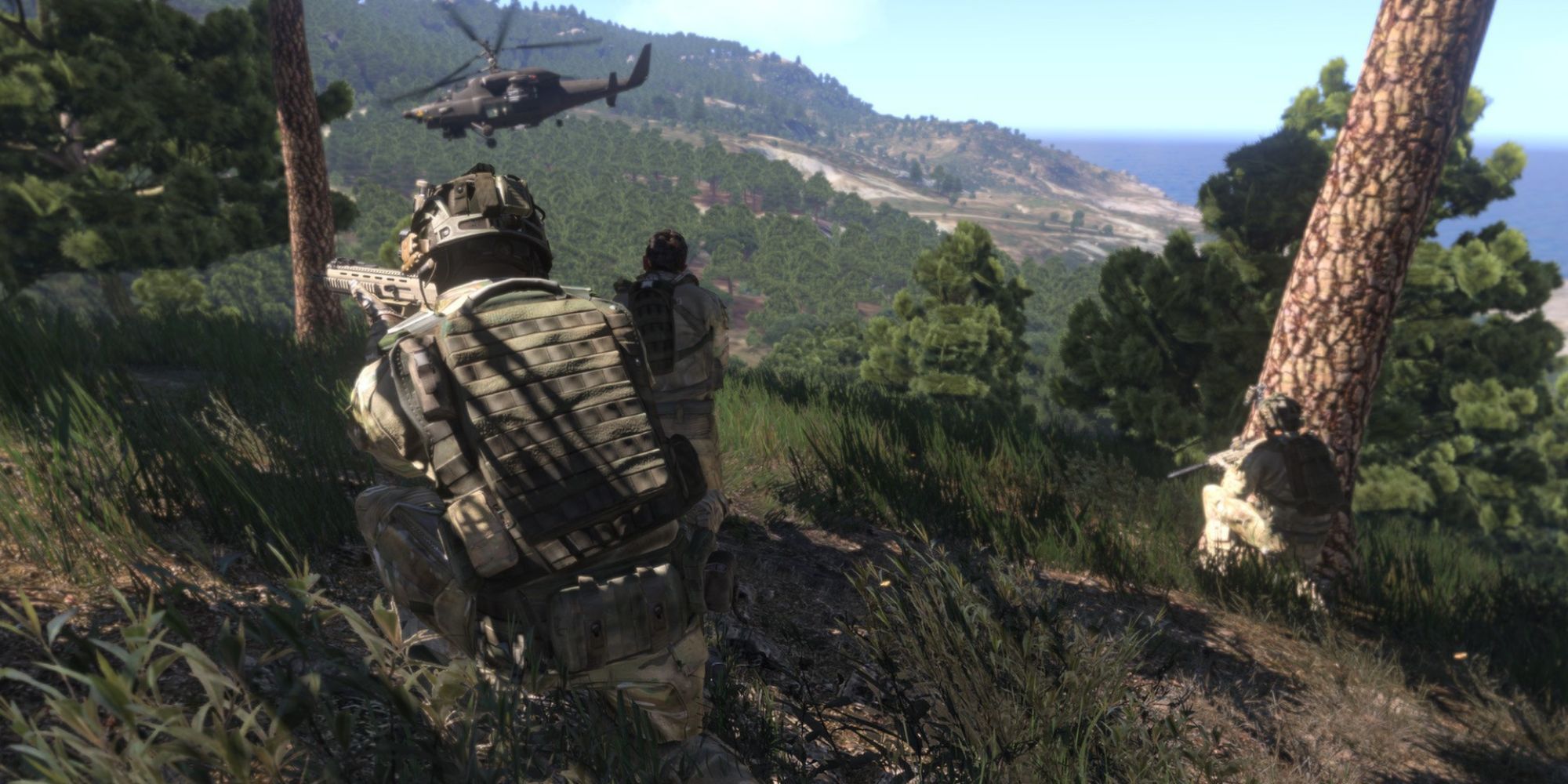 Soldiers waiting on a hill as a helicopter flies past in Arma 3
