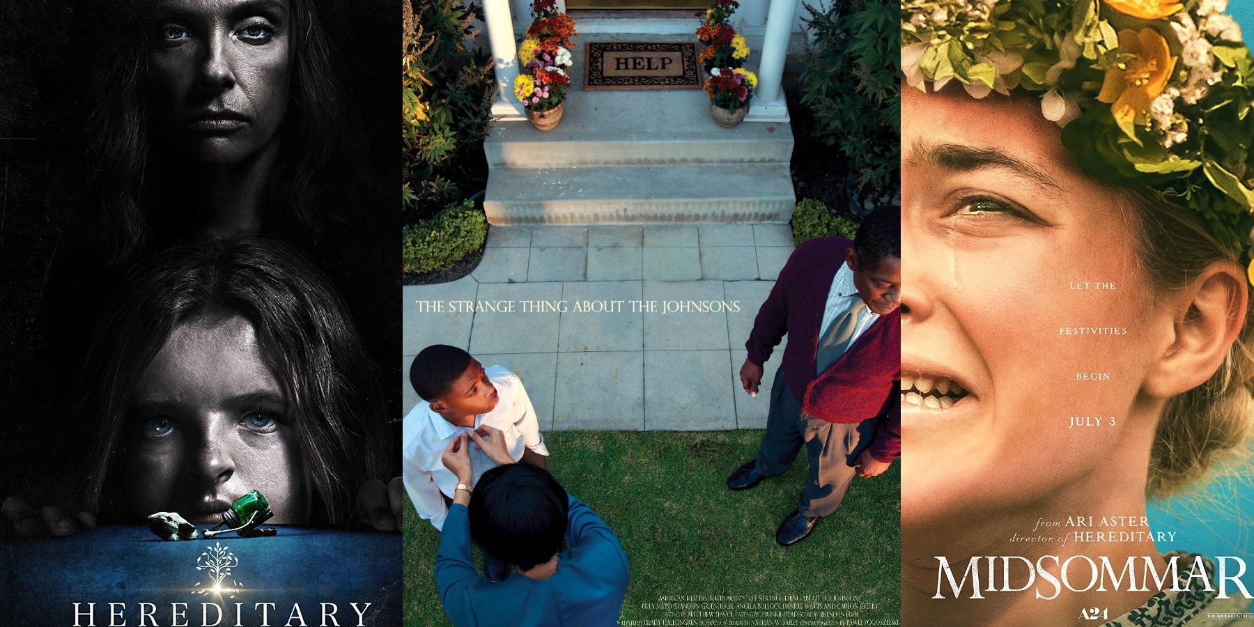 Ari Aster's Hereditary, The Strange Thing About the Johnsons, and Midsommar posters