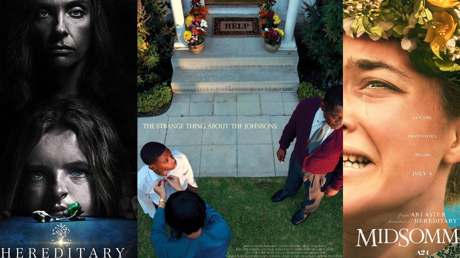 Ari Aster's Hereditary, The Strange Thing About the Johnsons, and Midsommar posters