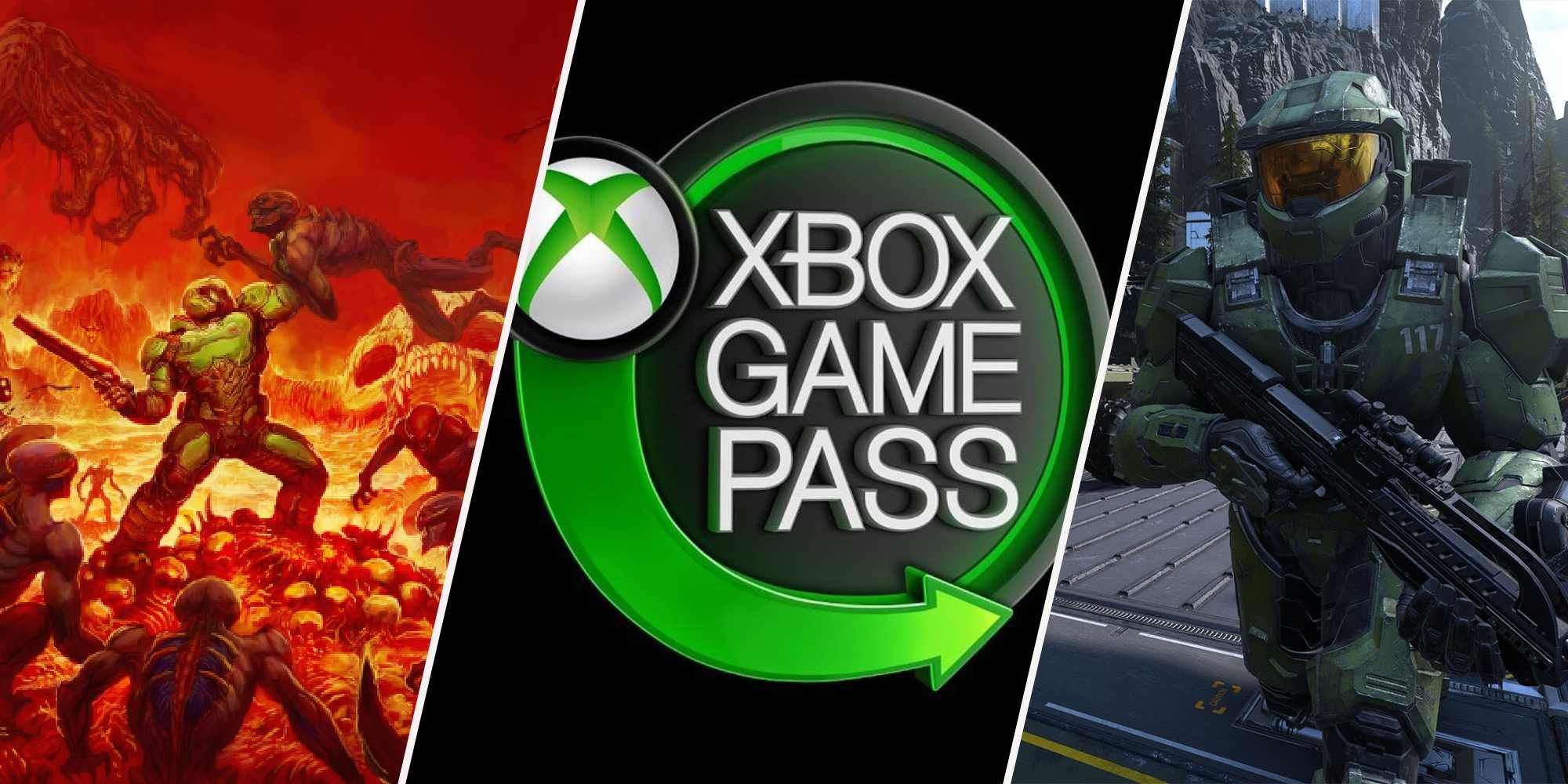 Doom 2016's cover split image with Xbox Game Pass logo and Master Chief running in Halo Infinite