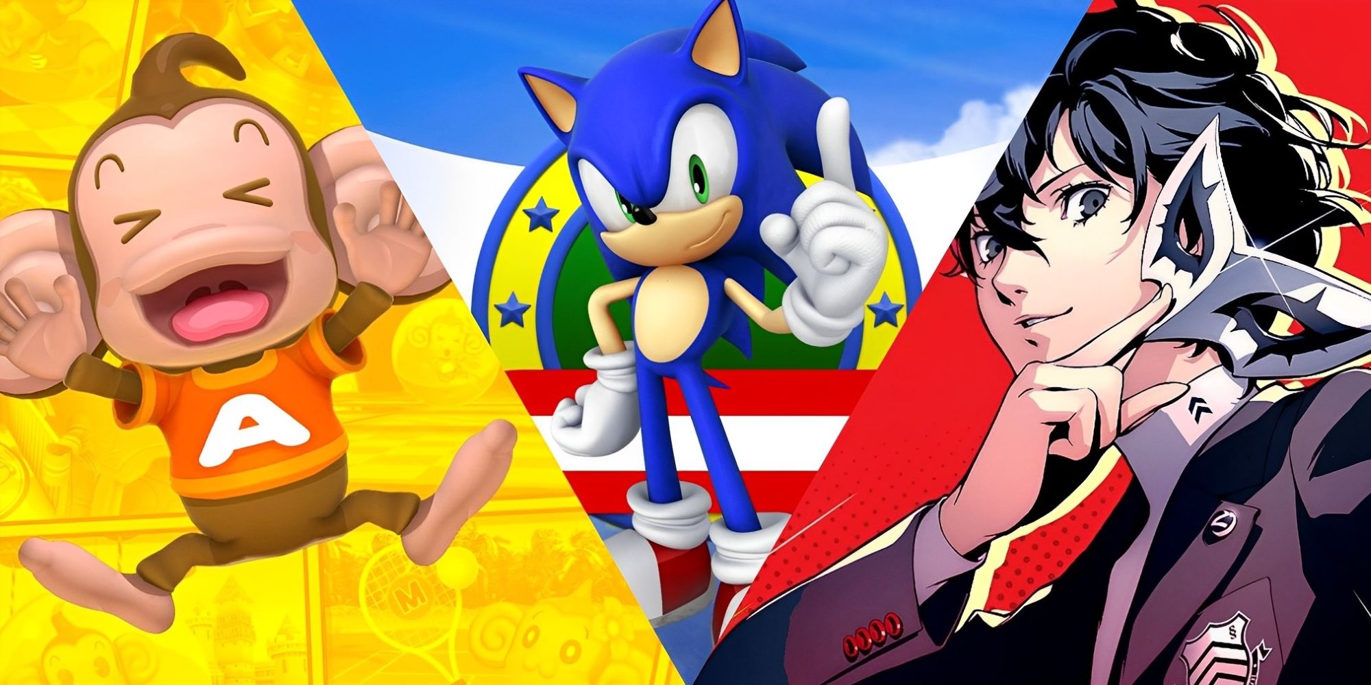 AiAi from Super Monkey Ball, Joker from Persona 5 Royal, and Sonic standing together