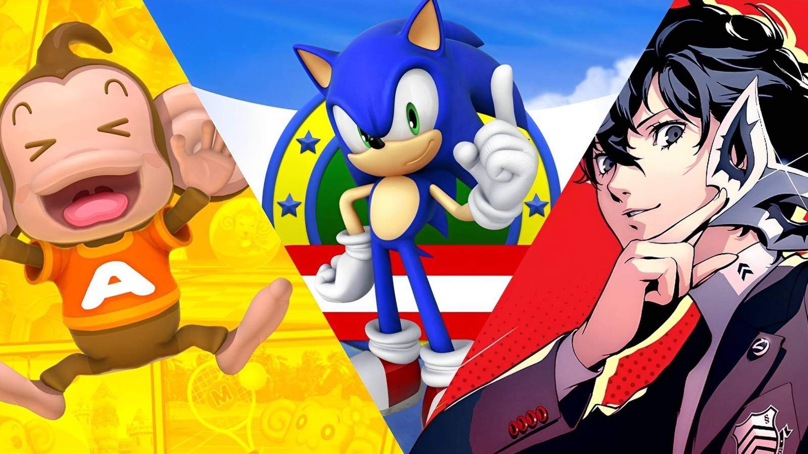 AiAi from Super Monkey Ball, Joker from Persona 5 Royal, and Sonic standing together