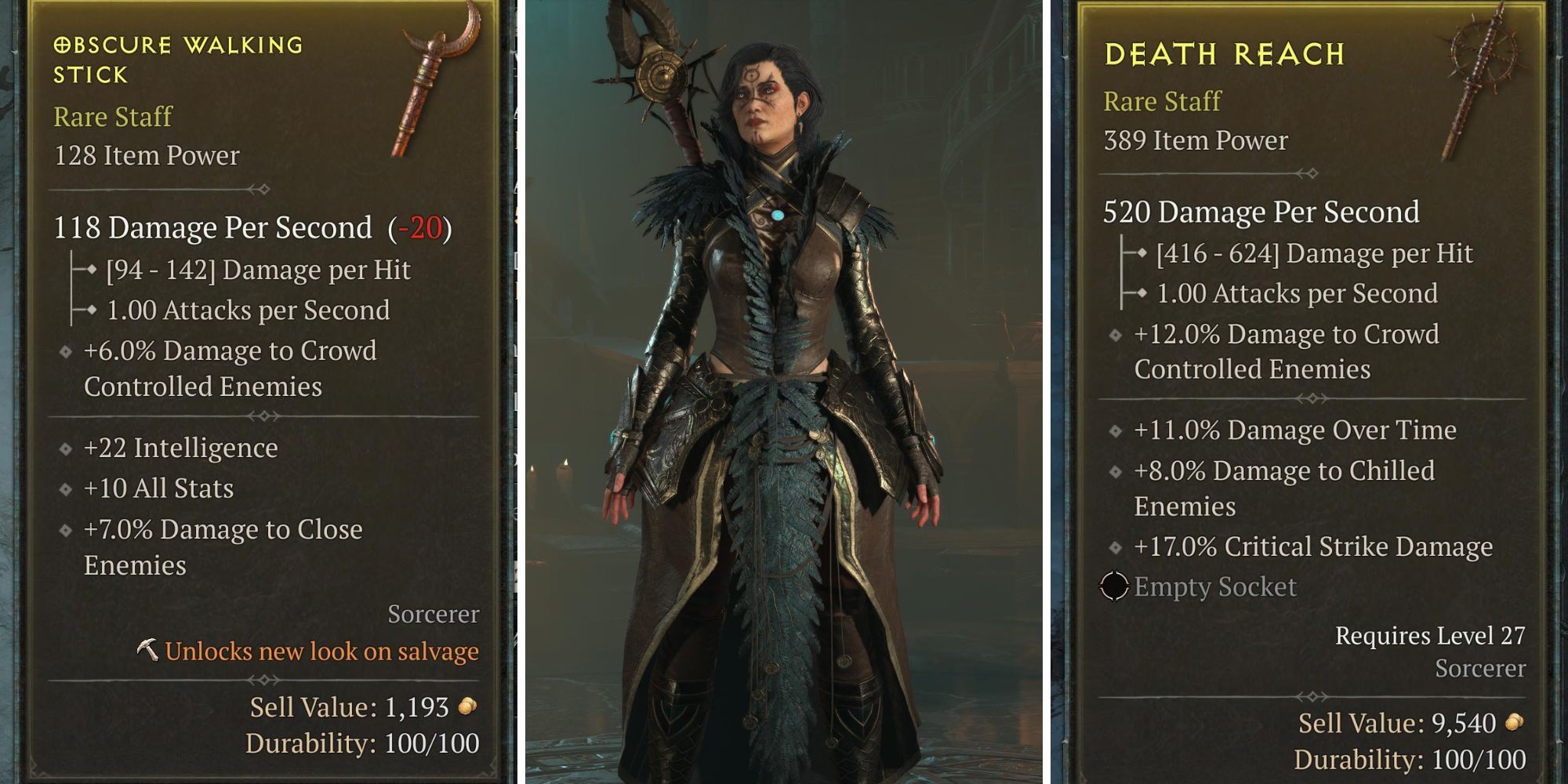 A grid showing a sorcerer with a staff in Diablo 4 with two different staves either side of her