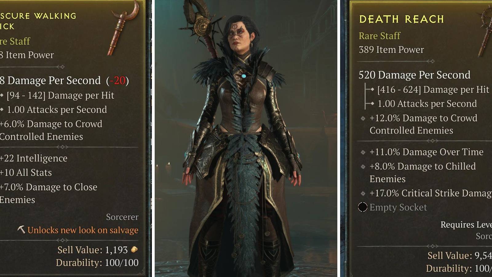 A grid showing a sorcerer with a staff in Diablo 4 with two different staves either side of her