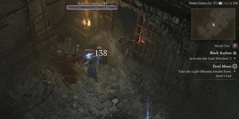 A player attacking a Skeleton Captain in the Black Asylum dungeon in Diablo 4
