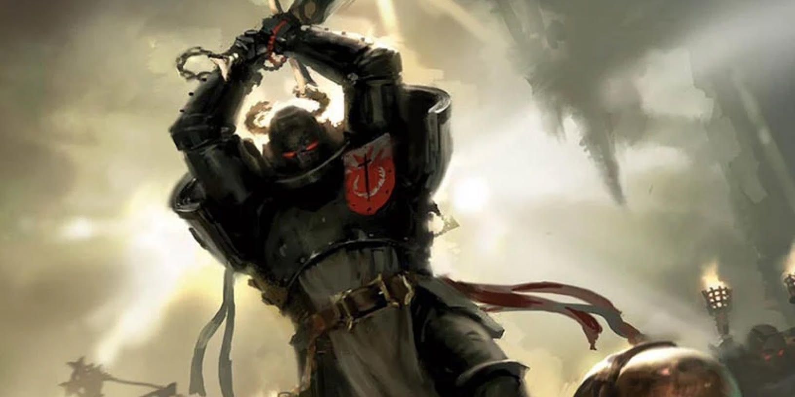 A Black Templar raises his sword in the air with a breaking sun behind him
