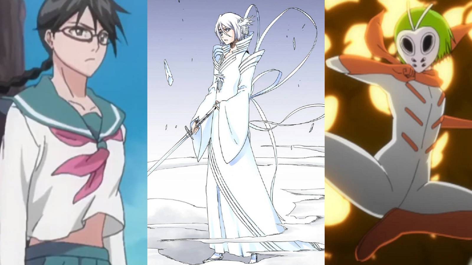 Image of Lisa Yadomaru standing up, Rukia Kuchiki with her Bankai activated, and Mashiro Kuna attacking Gillains in Bleach