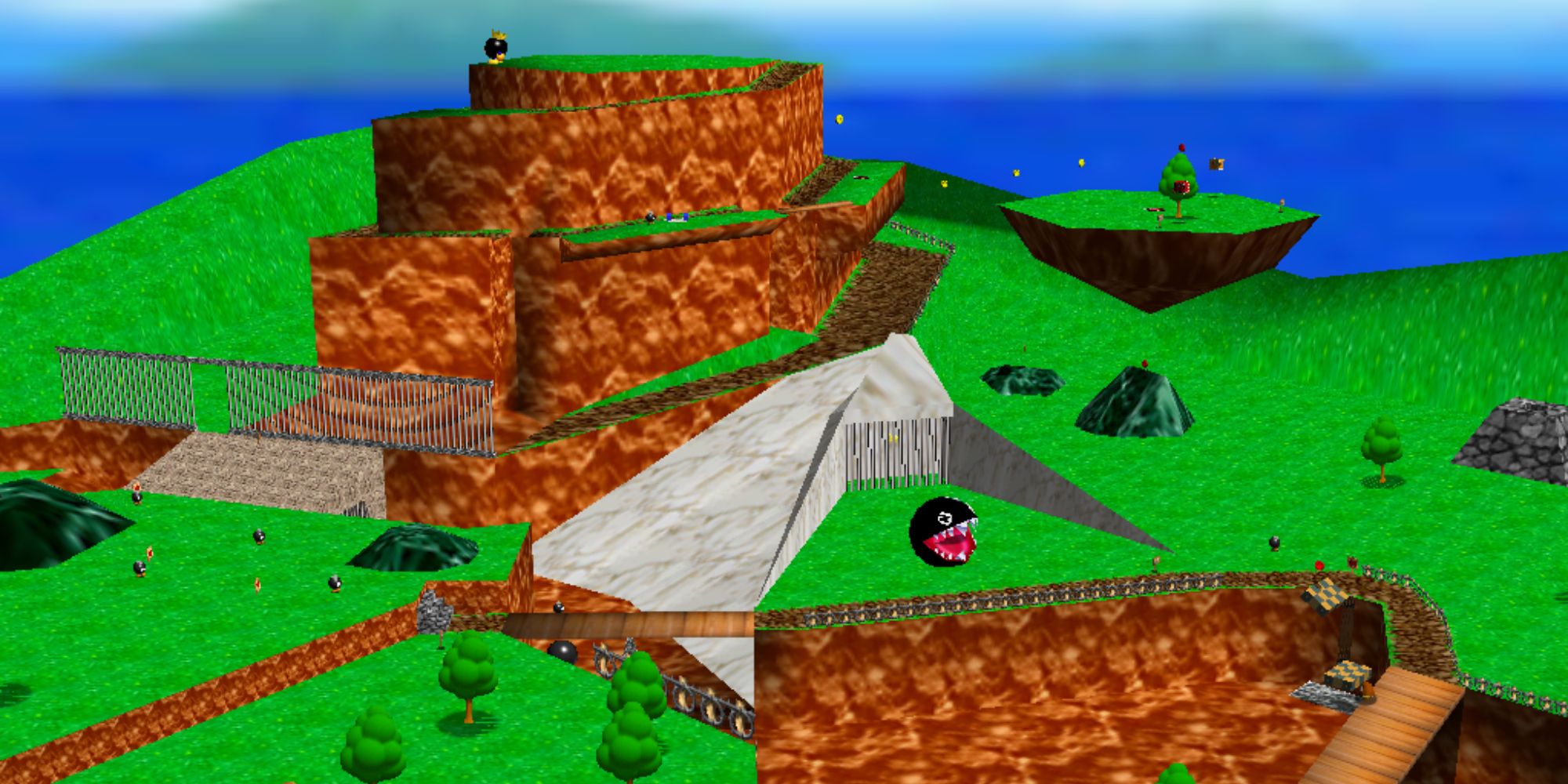 An overview of Bob-Omb Battlefield in Mario 64