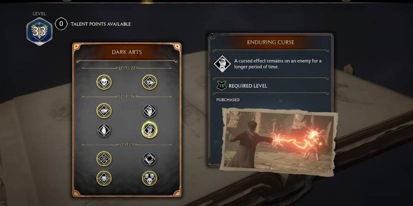 Enduring Curse Dark Arts Talents Menu in Hogwarts Legacy